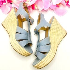 Michael Kors Berkley Espadrille Wedge Sandals 8.5M Blue Linen Zip Platform